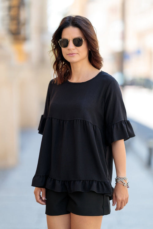 Bluza casual volan negru Benedicta Natalee Fashion