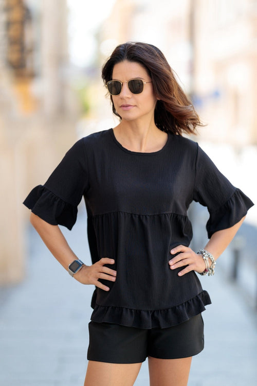 Bluza casual volan negru Benedicta Natalee Fashion