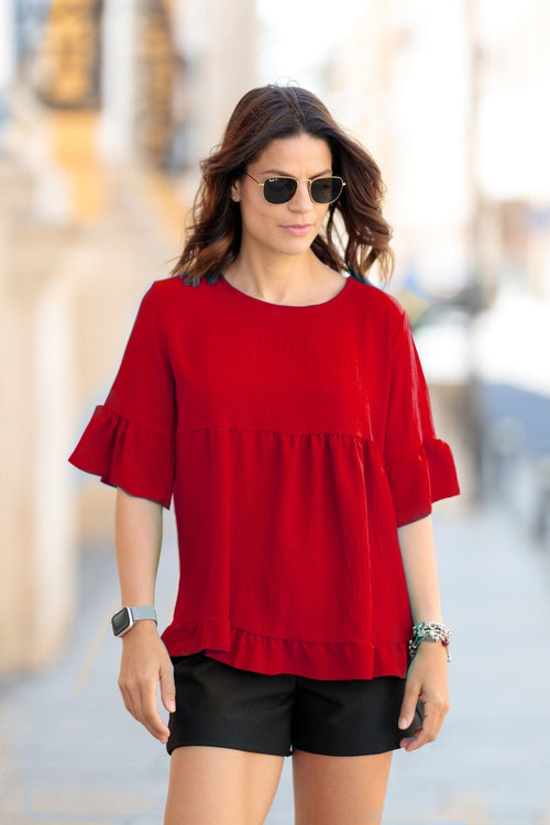 Bluza casual volan rosu Begonia Natalee Fashion