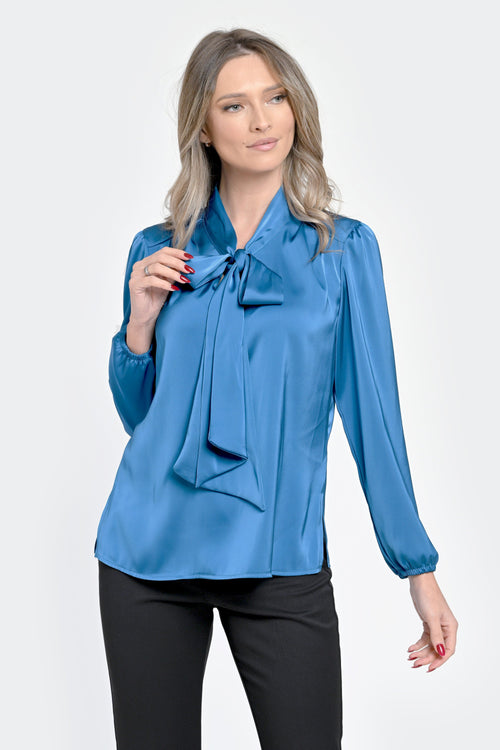 Bluza damă cu fundă albastră - Clara Natalee