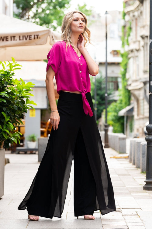 Pantaloni dama palazzo din voal negru Natalee Fashion