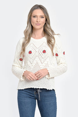 Pulover damă alb tricotat cu flori roșii Natalee