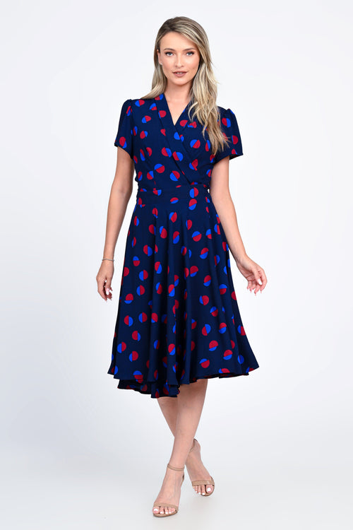 Rochie bleumarin cu imprimeu geometric și croi cloș – model Melina Natalee Fashion