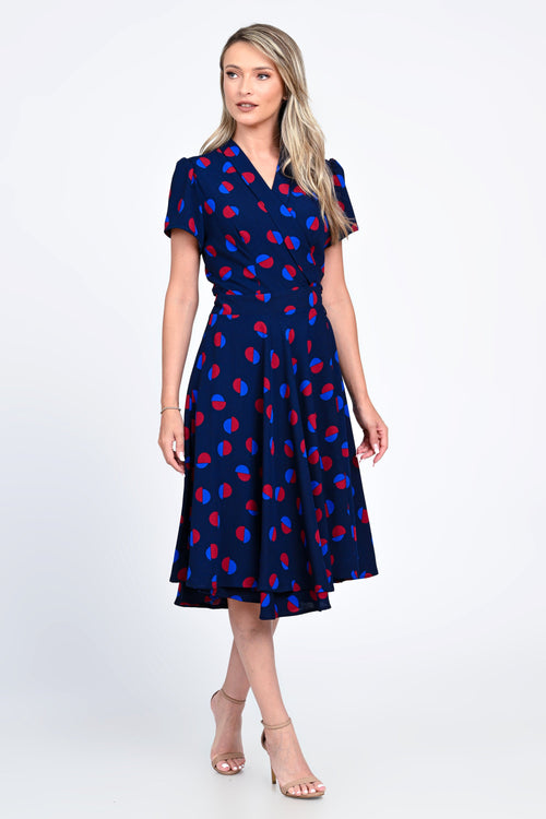 Rochie bleumarin cu imprimeu geometric și croi cloș – model Melina Natalee Fashion