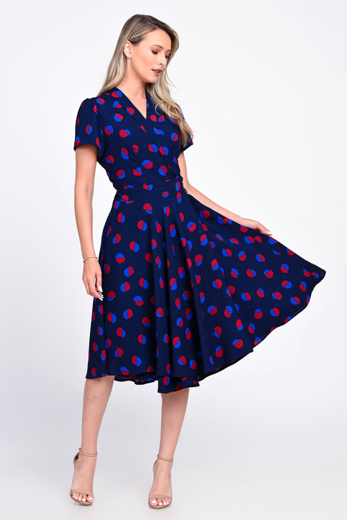 Rochie bleumarin cu imprimeu geometric și croi cloș – model Melina Natalee Fashion