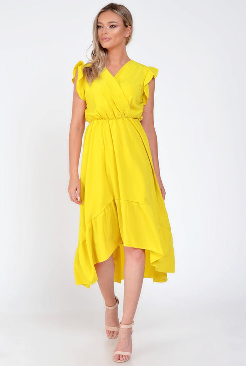 Rochie galben-mustar asimetrica cu volane umar Fathia Natalee Fashion