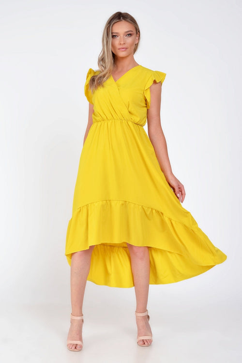 Rochie galben-mustar asimetrica cu volane umar Fathia Natalee Fashion