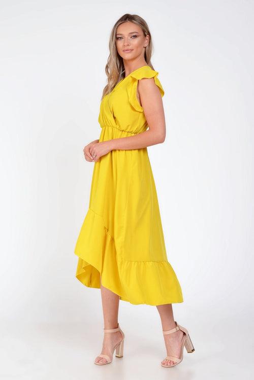 Rochie galben-mustar asimetrica cu volane umar Fathia Natalee Fashion