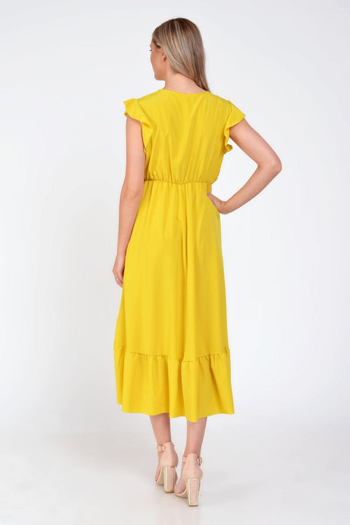 Rochie galben-mustar asimetrica cu volane umar Fathia Natalee Fashion