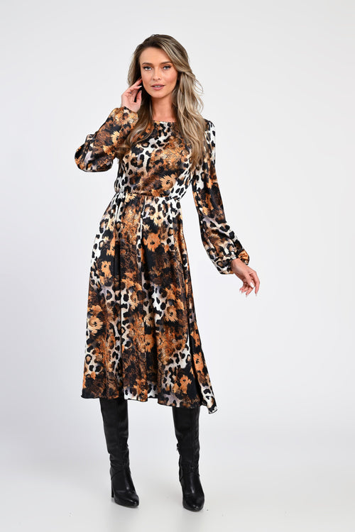 Rochie midi animal print cu accente aurii – rochia Kiara Natalee
