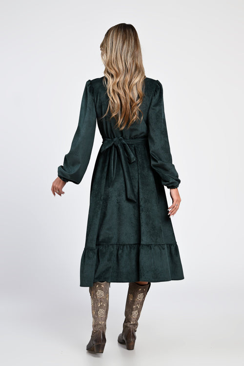 Rochie midi din raiat verde închis cu volane – rochia Eliza Natalee