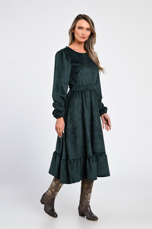 Rochie midi din raiat verde închis cu volane – rochia Eliza Natalee