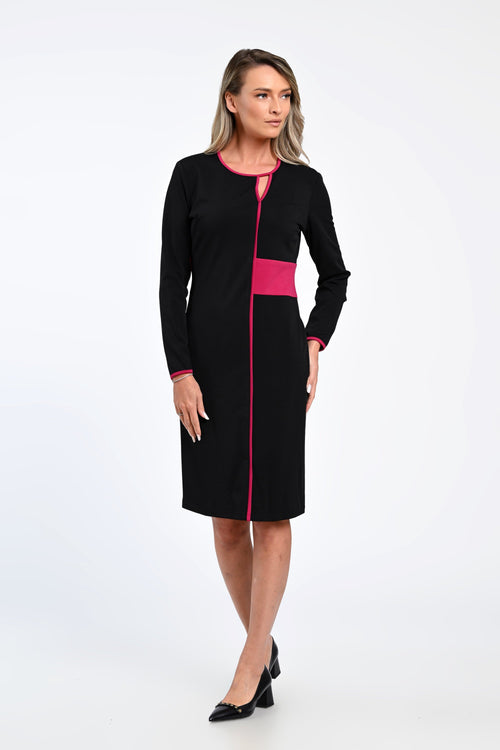 Rochie office neagră cu inserții fucsia și decolteu discret – rochia Alina Natalee