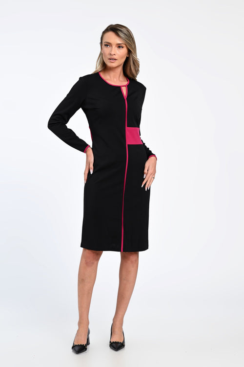 Rochie office neagră cu inserții fucsia și decolteu discret – rochia Alina Natalee