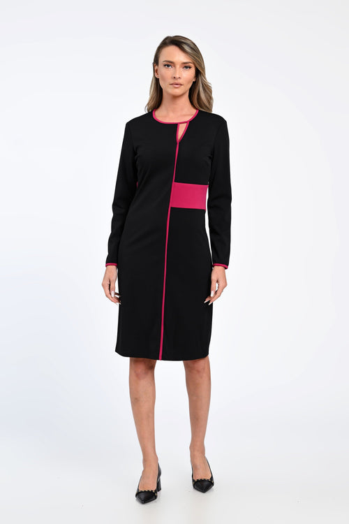 Rochie office neagră cu inserții fucsia și decolteu discret – rochia Alina Natalee