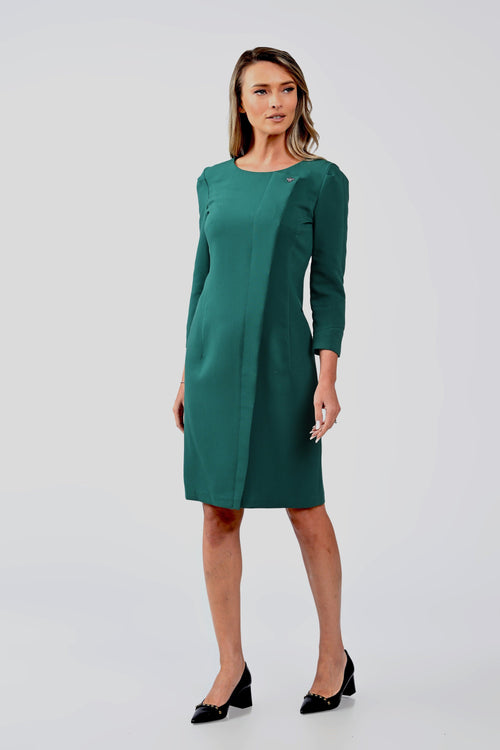 Rochie office verde smarald, conică, cu detaliu asimetric – rochia Claire Natalee Fashion
