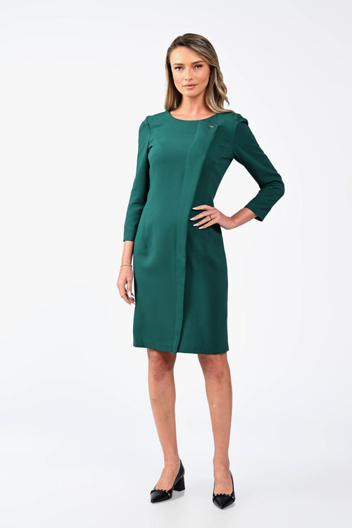 Rochie office verde smarald, conică, cu detaliu asimetric – rochia Claire Natalee Fashion
