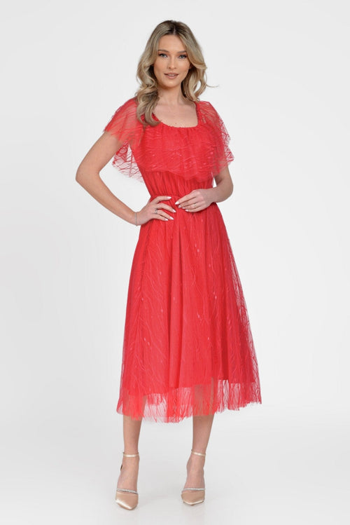 Rochie rosie tull brodat Alana Natalee Fashion