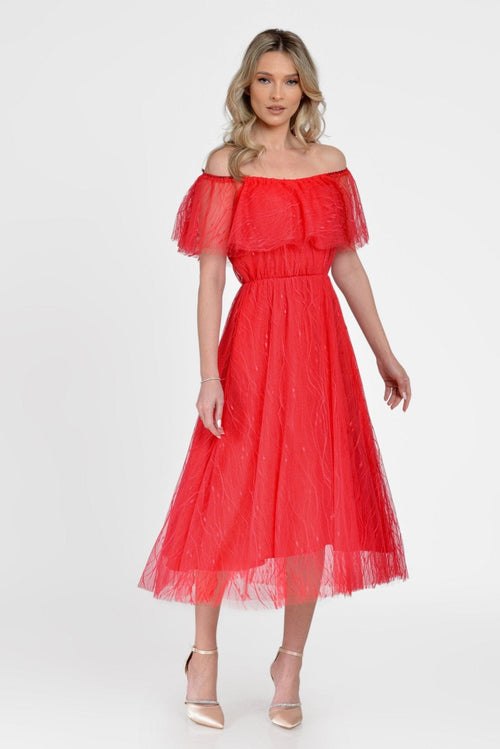 Rochie rosie tull brodat Alana Natalee Fashion