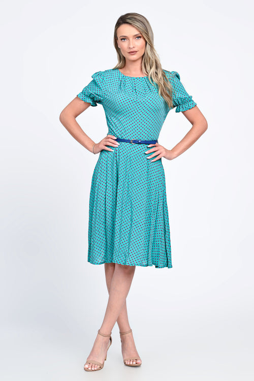 Rochie turcoaz cu buline și mâneci bufante – model Evelin Natalee Fashion