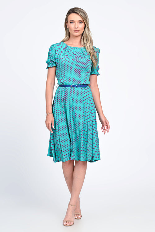 Rochie turcoaz cu buline și mâneci bufante – model Evelin Natalee Fashion