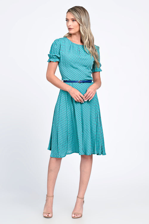 Rochie turcoaz cu buline și mâneci bufante – model Evelin Natalee Fashion