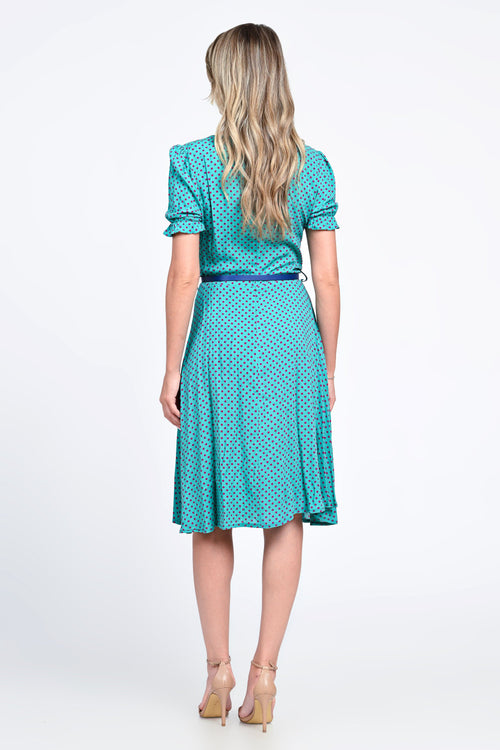 Rochie turcoaz cu buline și mâneci bufante – model Evelin Natalee Fashion