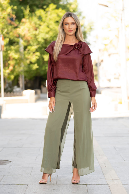 Pantaloni Palazzo kaki cu voal – Evelina