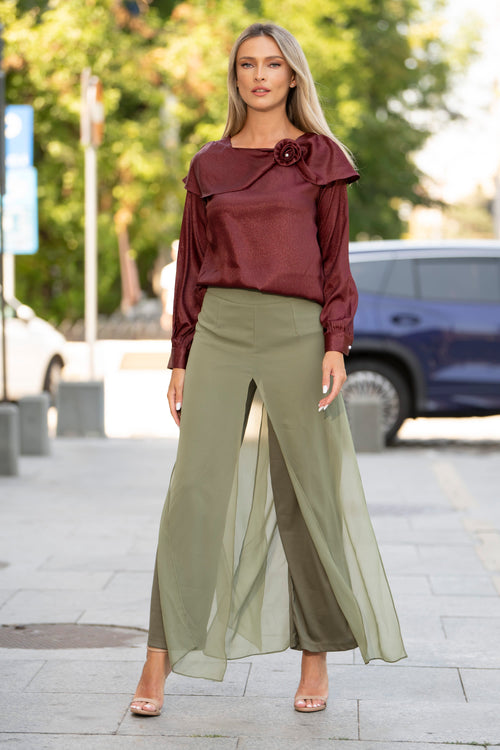 Pantaloni Palazzo kaki cu voal – Evelina