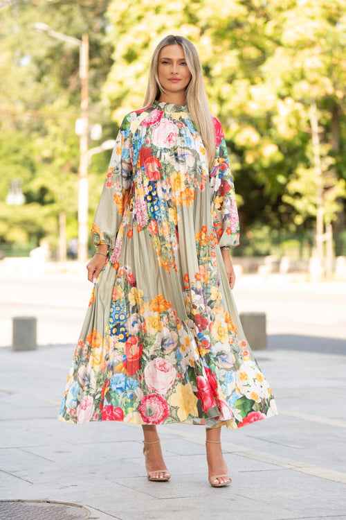 Rochie midi plisată cu imprimeu floral multicolor – Isadora