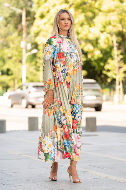 Rochie midi plisată cu imprimeu floral multicolor – Isadora