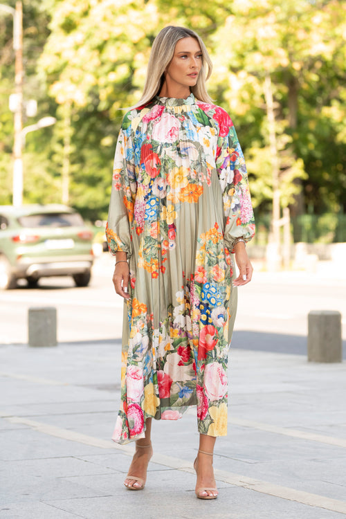 Rochie midi plisată cu imprimeu floral multicolor – Isadora