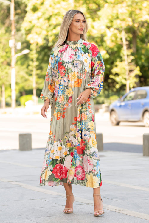 Rochie midi plisată cu imprimeu floral multicolor – Isadora