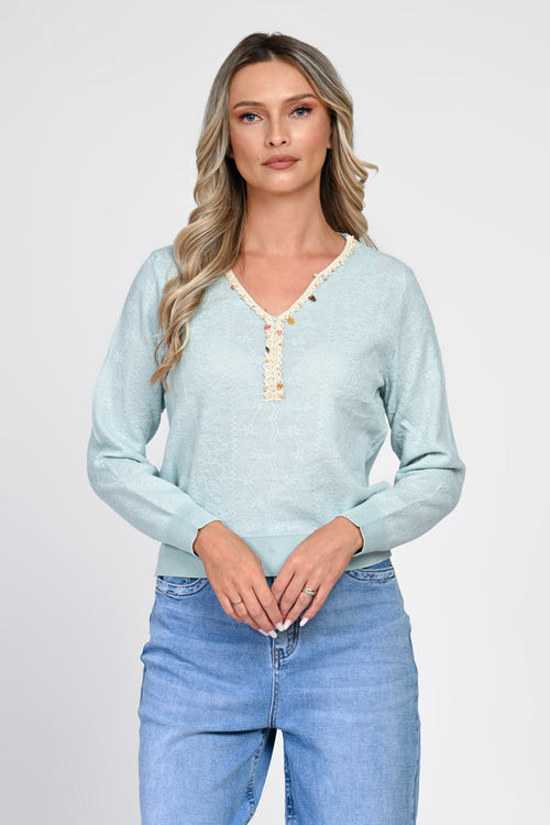 Pulover damă bleu cu decolteu decorativ Livia