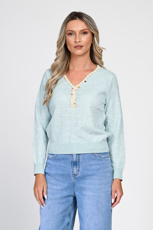 Pulover damă bleu cu decolteu decorativ Livia