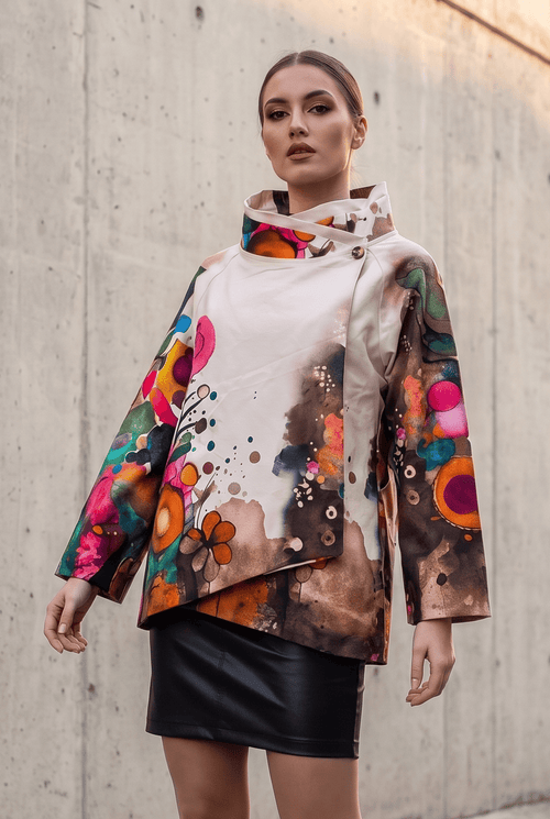 Jachetă damă crem cu imprimeu abstract floral