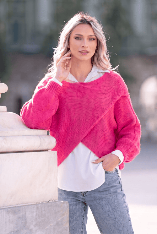 Pulover damă fucsia 2 în 1 cu cămașă din bumbac Alina