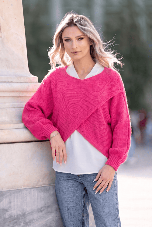 Pulover damă fucsia 2 în 1 cu cămașă din bumbac Alina