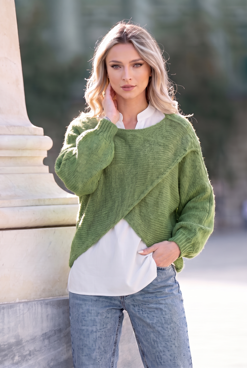 Pulover damă verde 2 în 1 cu cămașă din bumbac Alina
