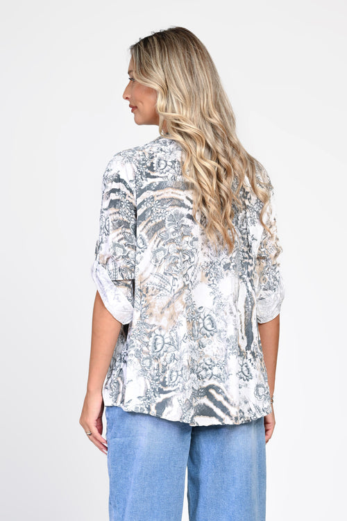 Bluză albă din vâscoză cu imprimeu floral și animal print Natalee