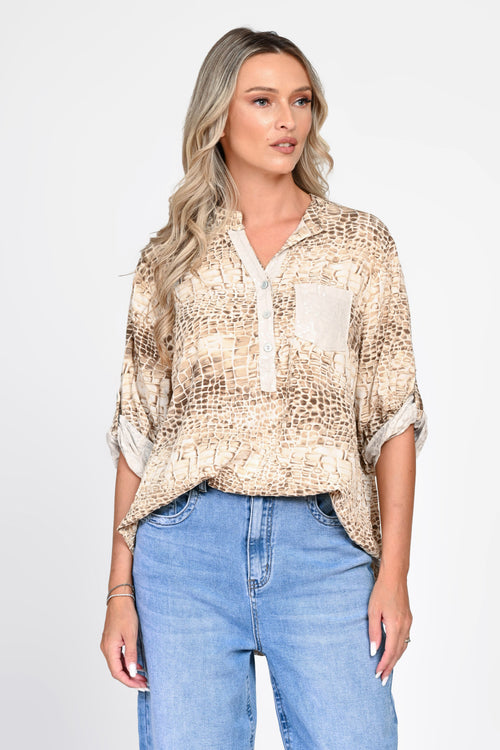Bluză bej oversized cu imprimeu tip piele de șarpe Natalee