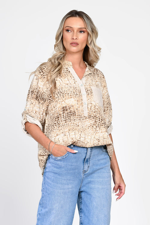 Bluză bej oversized cu imprimeu tip piele de șarpe Natalee
