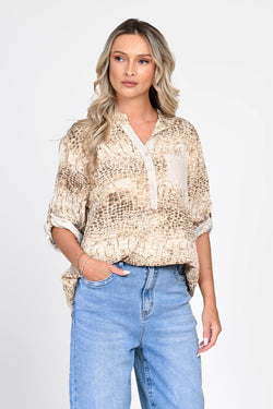 Bluză bej oversized cu imprimeu tip piele de șarpe Natalee