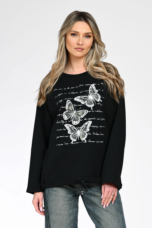 Bluză casual cu print fluturi damă Livia – negru Natalee