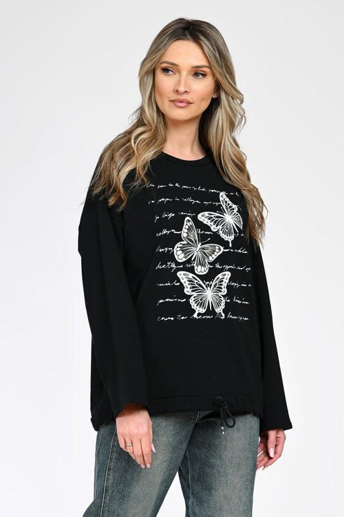 Bluză casual cu print fluturi damă Livia – negru Natalee