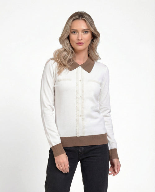 Bluză damă alb-crem cu guler contrastant maro Natalee