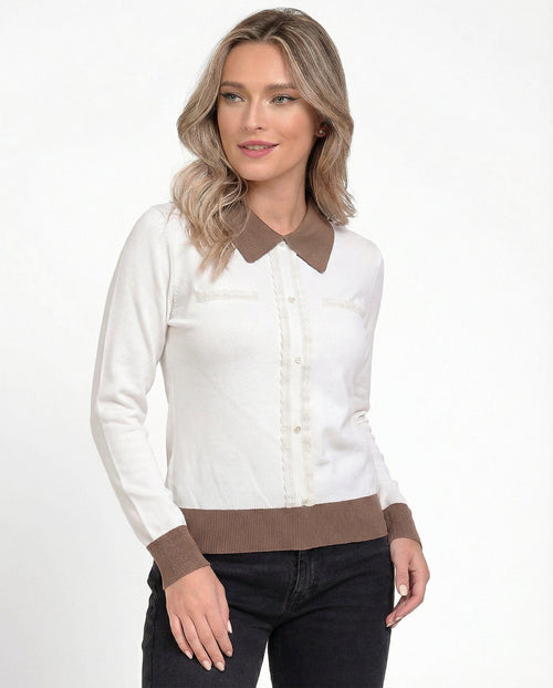 Bluză damă alb-crem cu guler contrastant maro Natalee