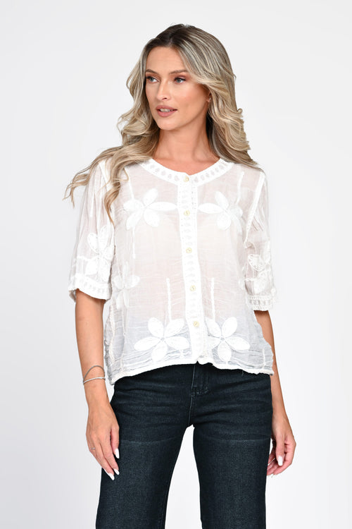 Bluză damă albă cu broderie florală Iris Natalee
