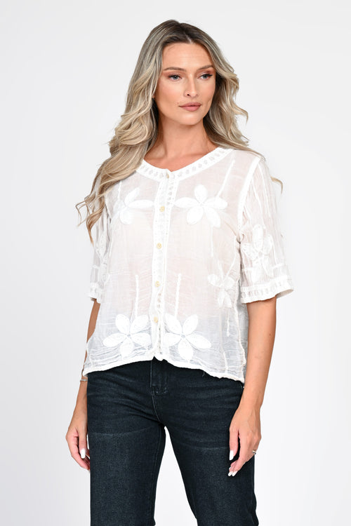 Bluză damă albă cu broderie florală Iris Natalee