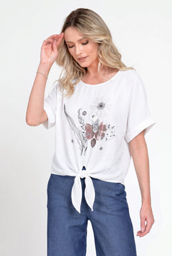 Bluză damă albă cu imprimeu floral și nod decorativ Elena Natalee